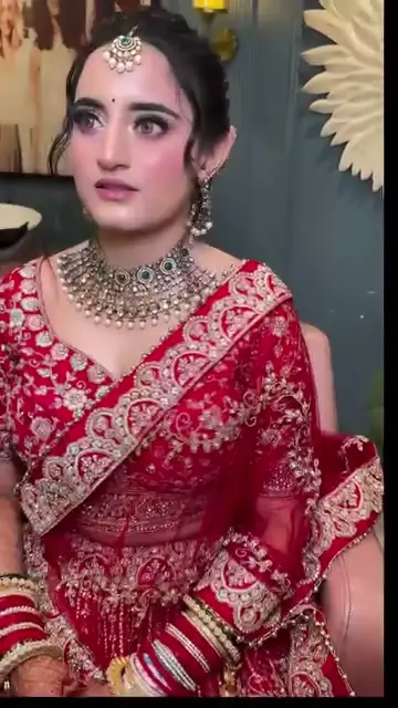 A bride in a red lehenga with heavy gold embroidery and a kundan choker, her dupatta pinned at the shoulder, a gold wing sculpture on the wall behind her.